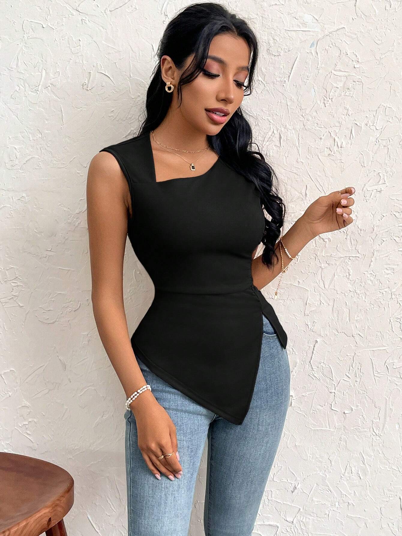 2025 spring and summer oblique collar slim short solid color top - Image 14