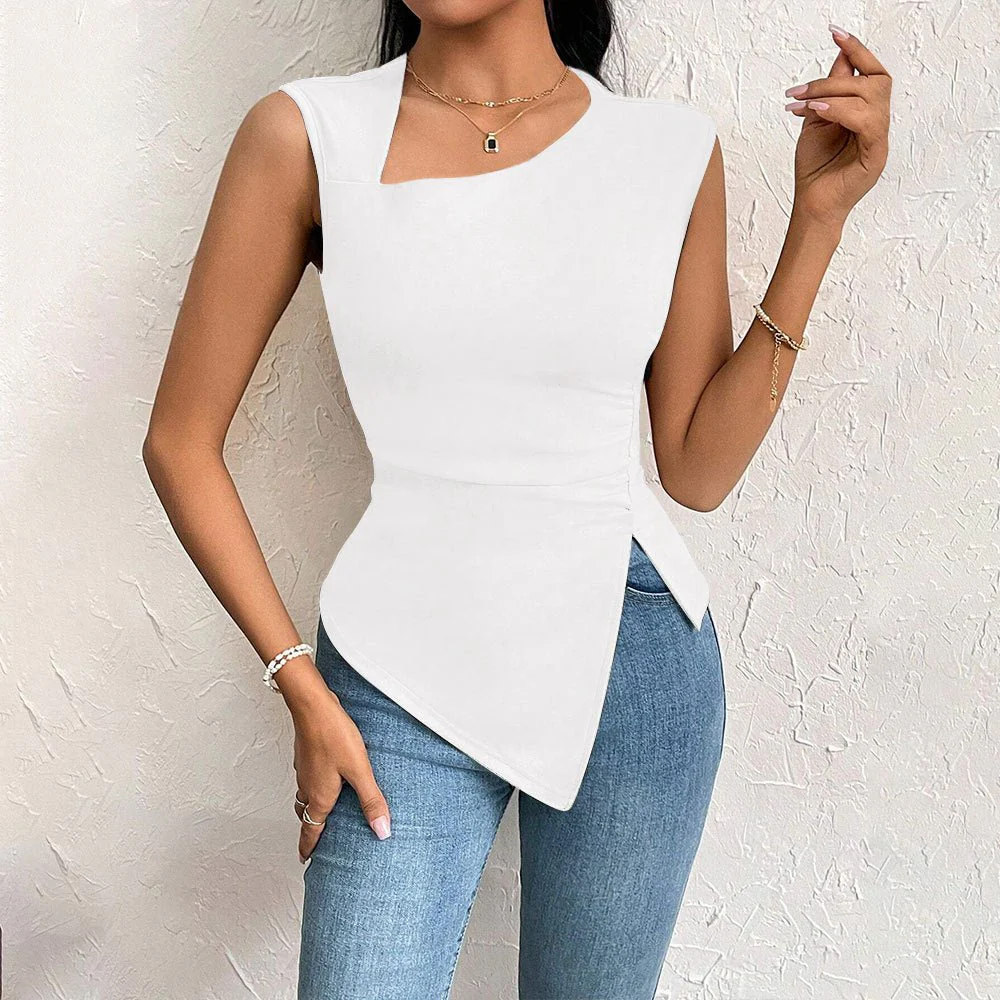 2025 spring and summer oblique collar slim short solid color top - Image 2