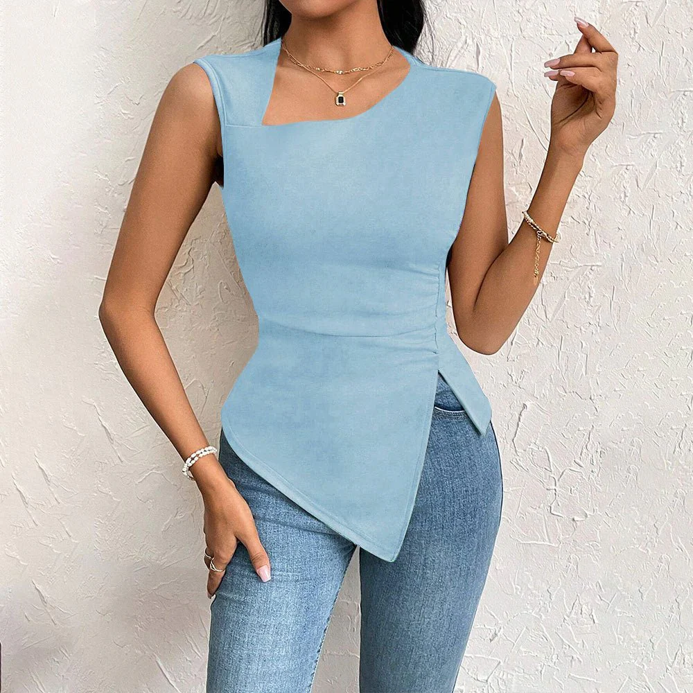 2025 spring and summer oblique collar slim short solid color top - Image 3
