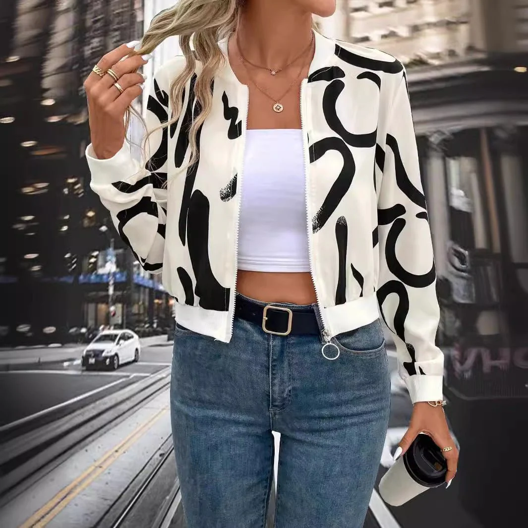 2025 spring elegant women's pattern print zipper baseball jacket casual top coat - Image 3