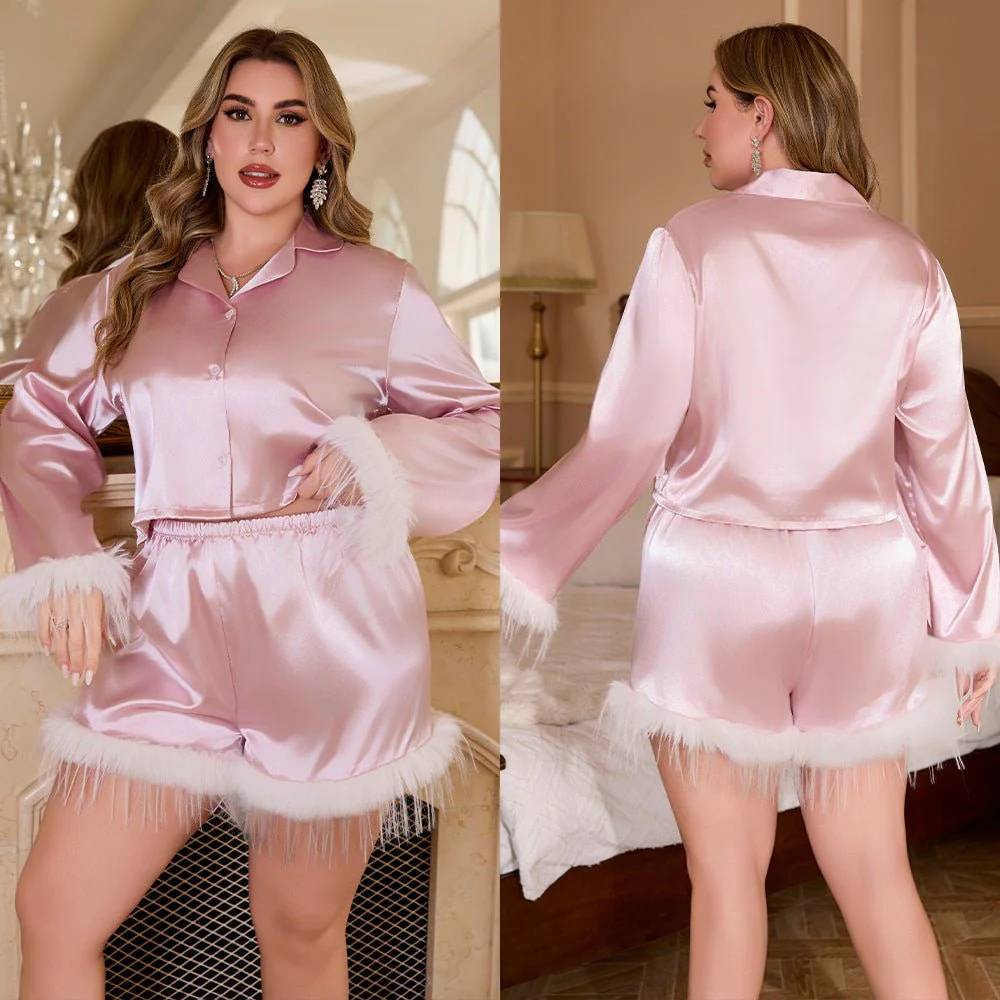 2025 spring ice silk pajamas fashion ostrich hair shirt trousers loose two-piece set feather loungewear women - Image 6