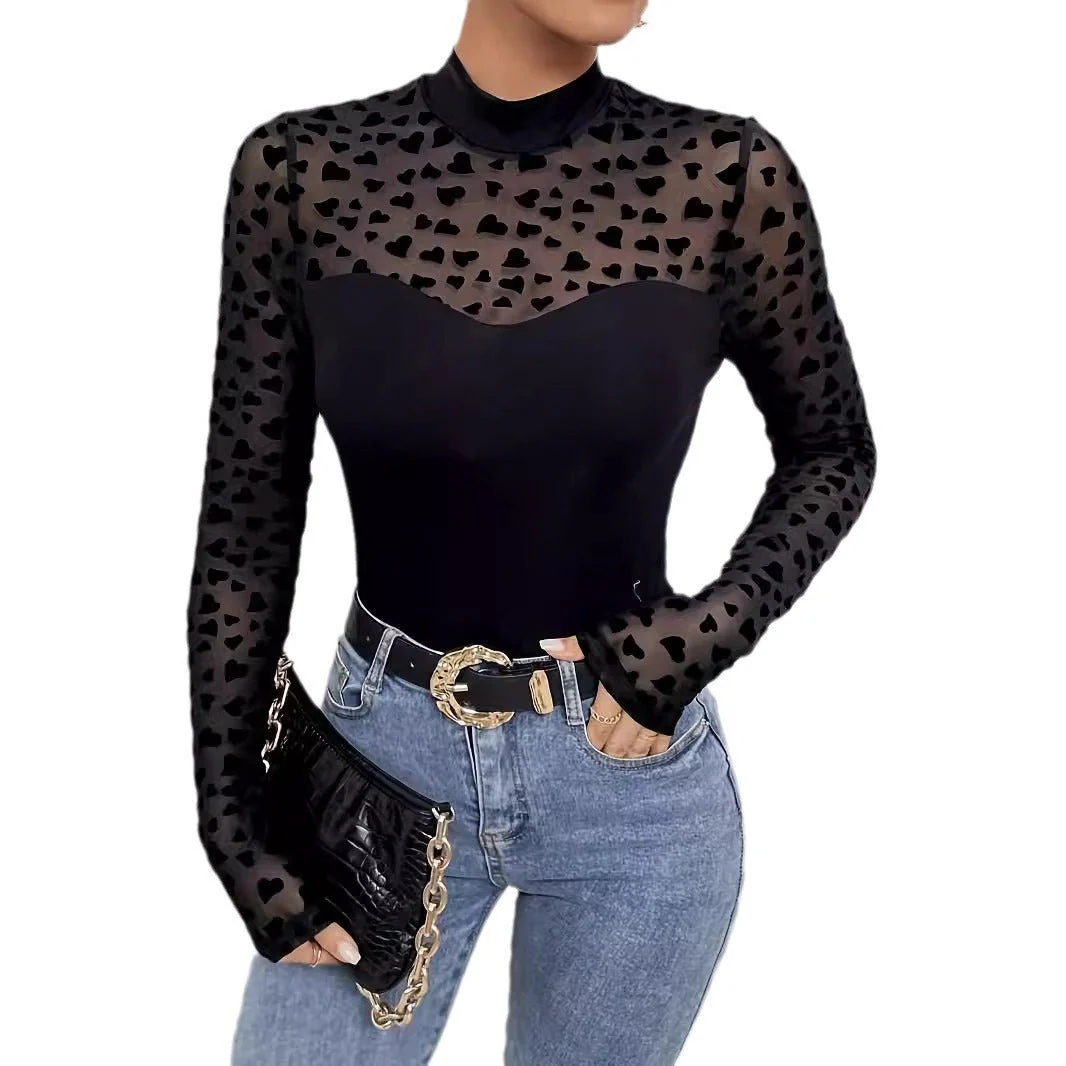 2025 Spring   Mesh Splicing Long Sleeve Slim Bottom T-Shirt Top Women - Image 3