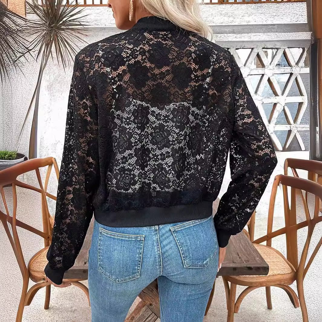 2025 spring new elegant ladies jacquard lace see-through zipper short jacket top coat - Image 2