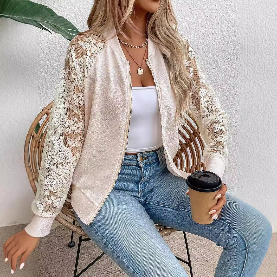 2025 spring new elegant women's lace stitching long-sleeved baseball collar jacket top coat - Image 3