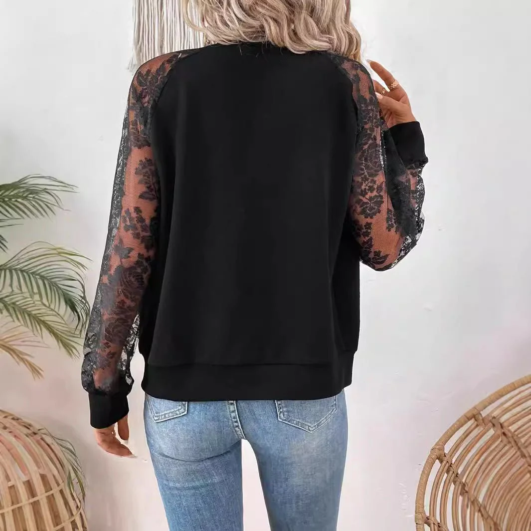 2025 spring new elegant women's lace stitching long-sleeved baseball collar jacket top coat - Image 4