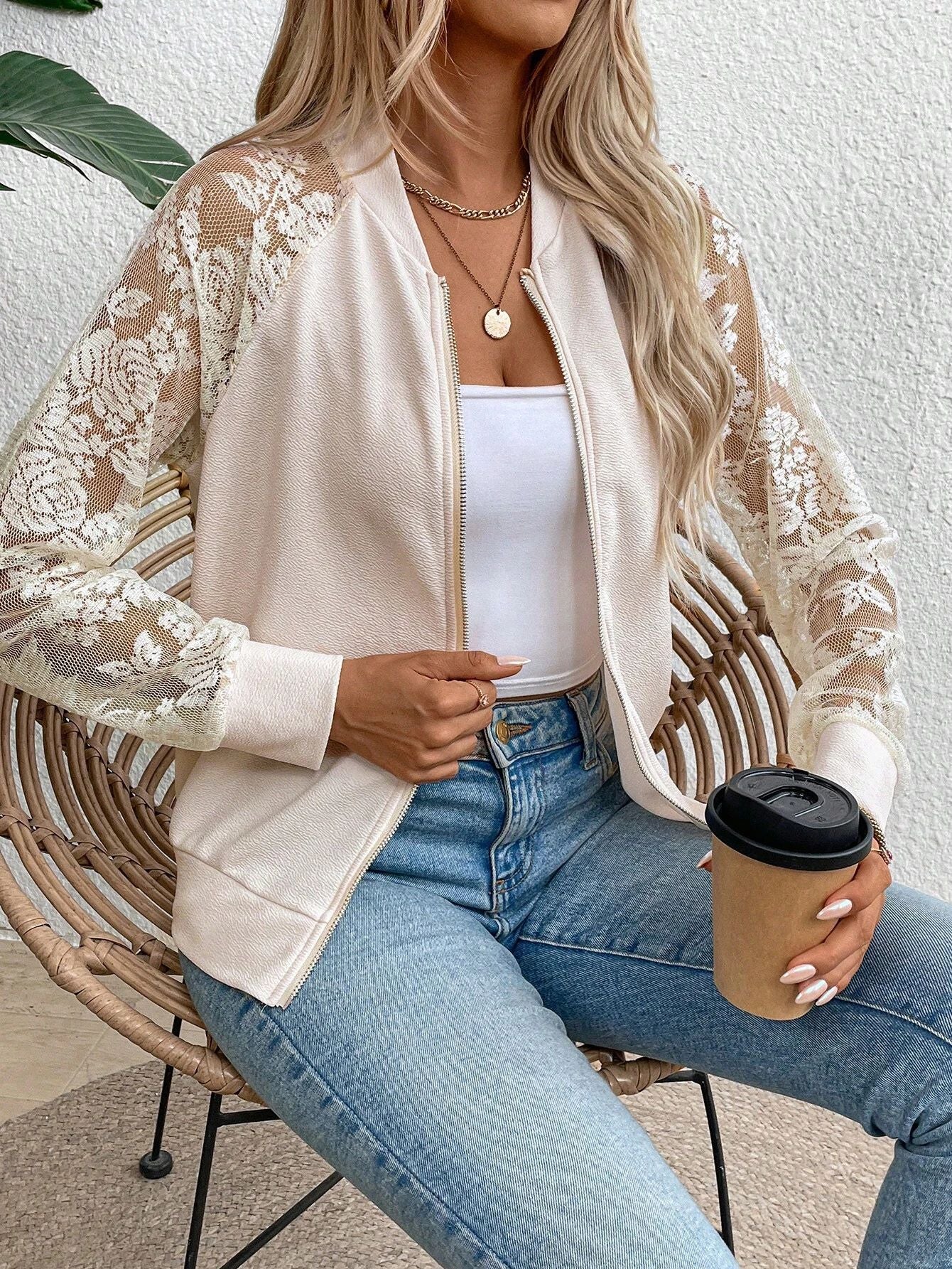 2025 spring new elegant women's lace stitching long-sleeved baseball collar jacket top coat - Image 7