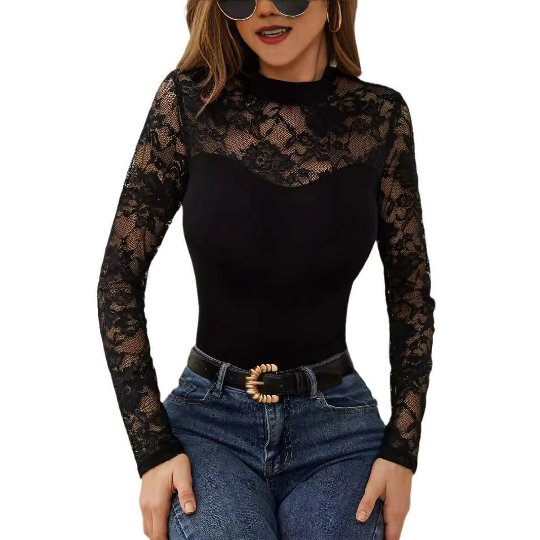 2025 spring new fashion lace splicing long-sleeved small stand-up collar pullover bottom T-shirt top women - Image 5