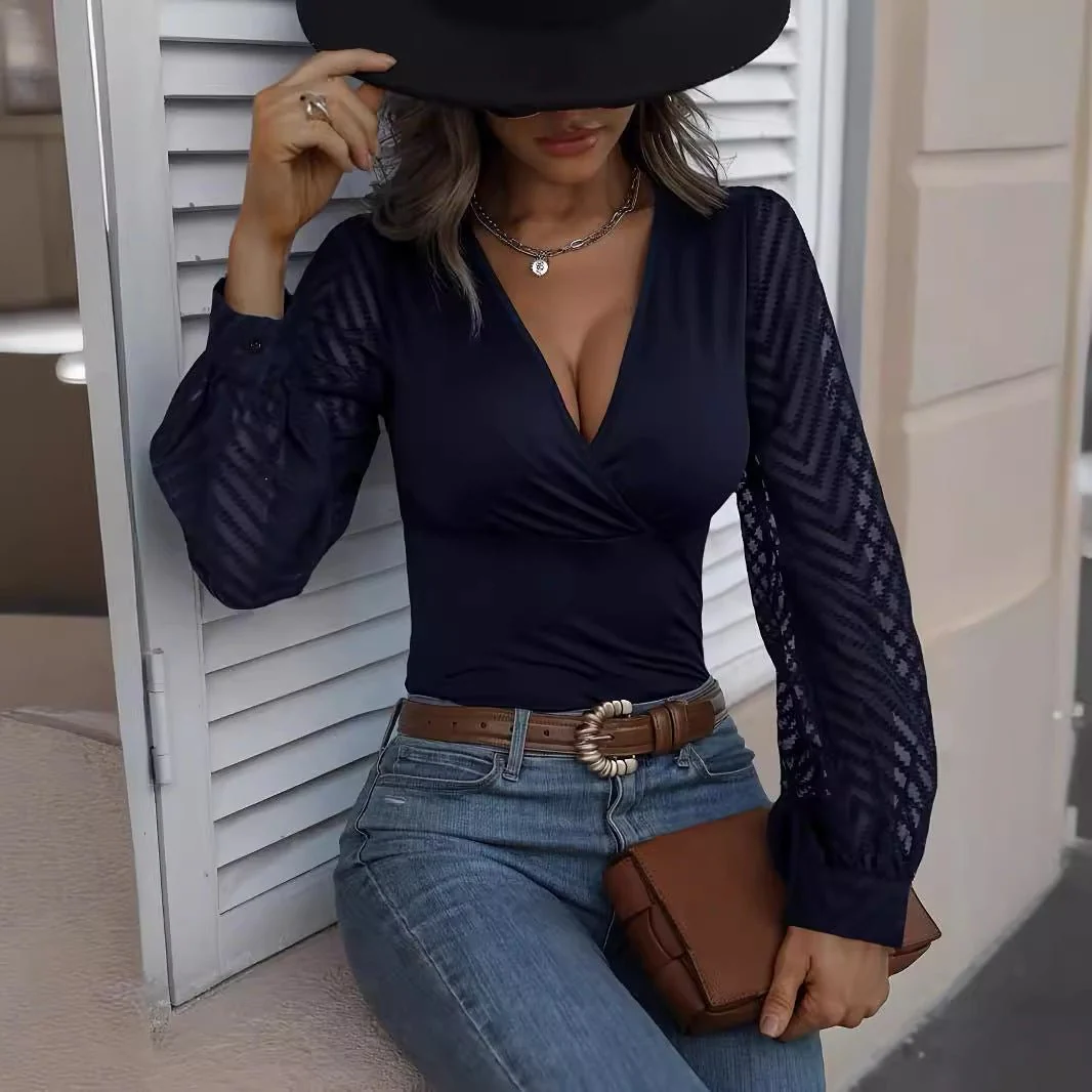 2025 spring new women's chiffon splicing solid color knitted deep v long-sleeved top - Image 4