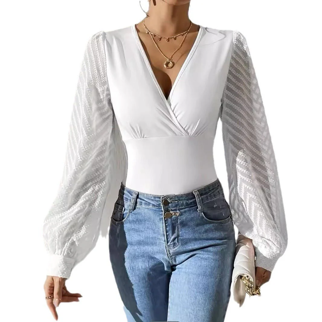 2025 spring new women's chiffon splicing solid color knitted deep v long-sleeved top - Image 5