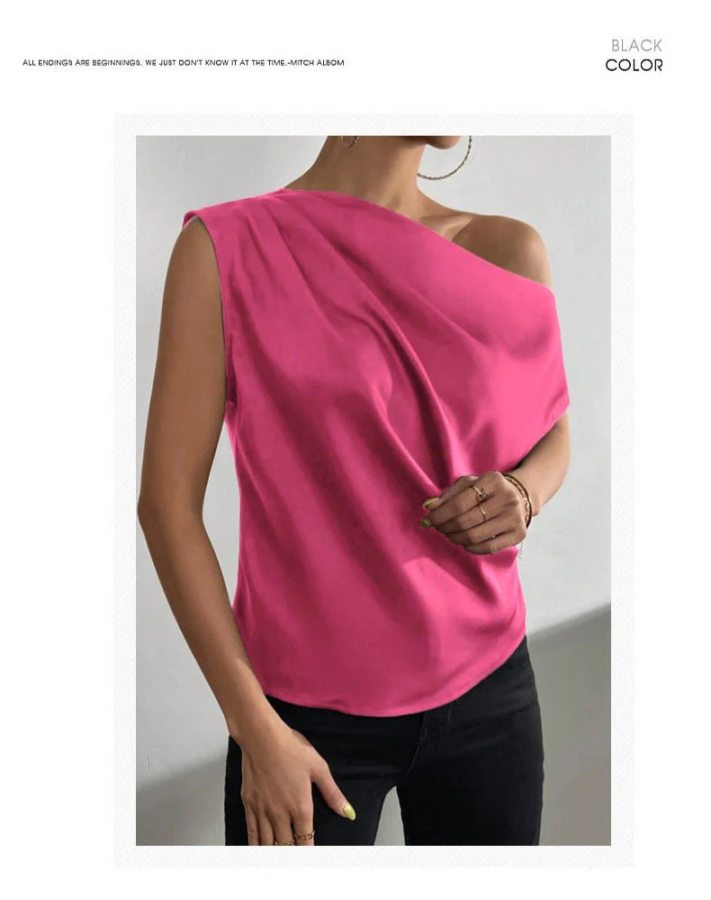 2025 Spring solid color satin imitation silk irregular oblique shoulder one-shoulder pullover sleeveless shirt - Image 16