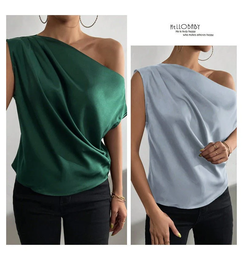 2025 Spring solid color satin imitation silk irregular oblique shoulder one-shoulder pullover sleeveless shirt - Image 17