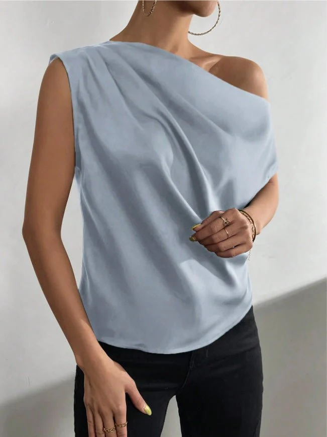 2025 Spring solid color satin imitation silk irregular oblique shoulder one-shoulder pullover sleeveless shirt - Image 9