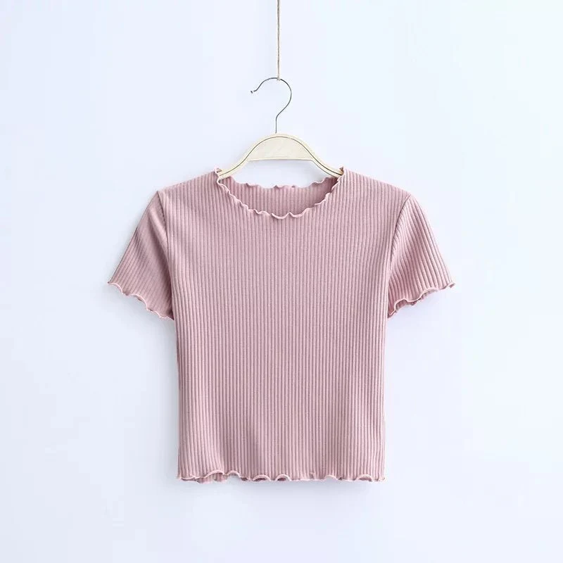 2025 Summer American Style Fashion Retro Ruffle Edge Slim Short Sleeve T-shirt - Image 10