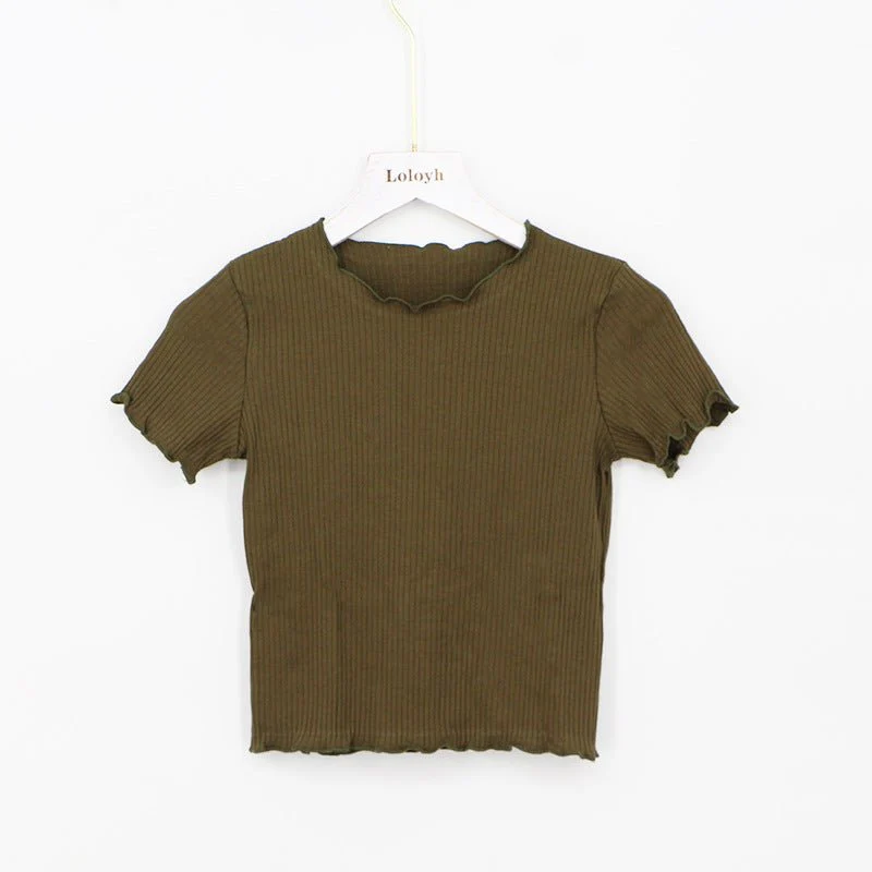 2025 Summer American Style Fashion Retro Ruffle Edge Slim Short Sleeve T-shirt FD - Image 2