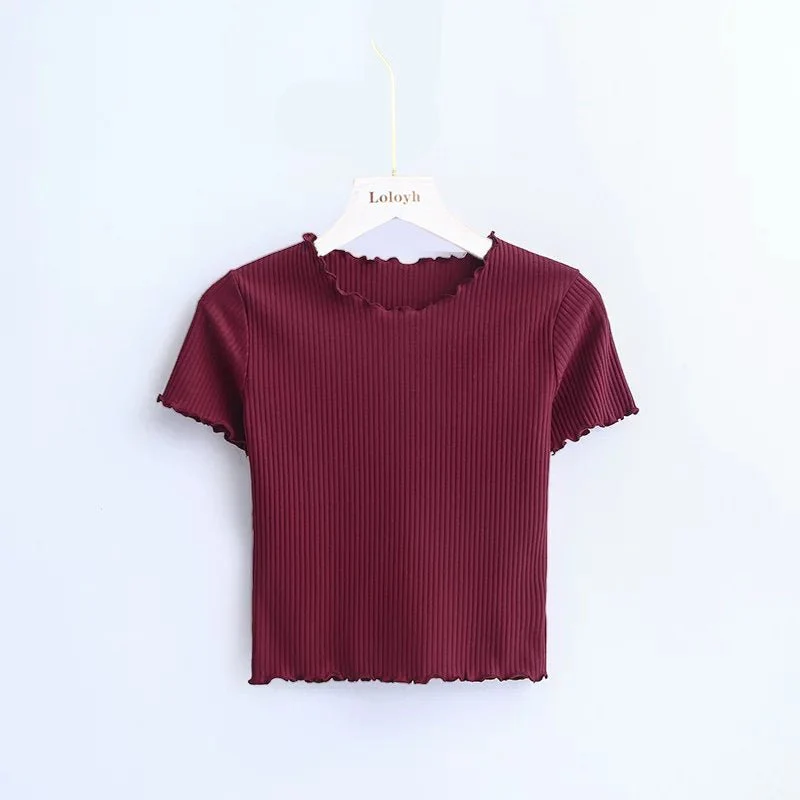 2025 Summer American Style Fashion Retro Ruffle Edge Slim Short Sleeve T-shirt FD - Image 4