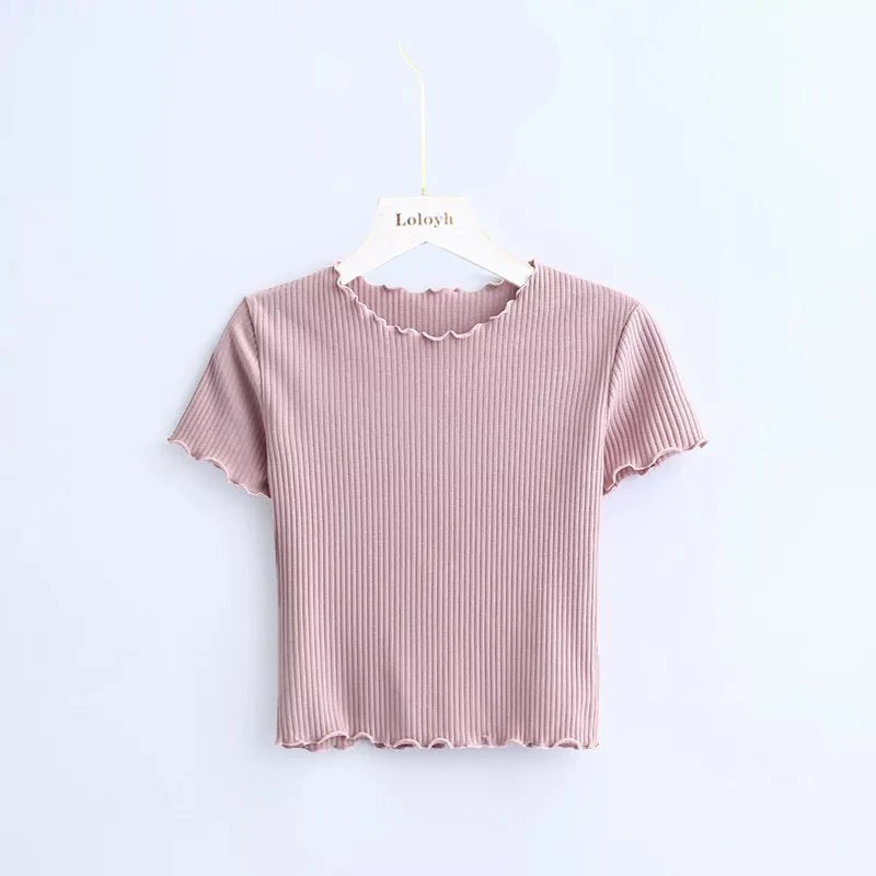 2025 Summer American Style Fashion Retro Ruffle Edge Slim Short Sleeve T-shirt FD - Image 5