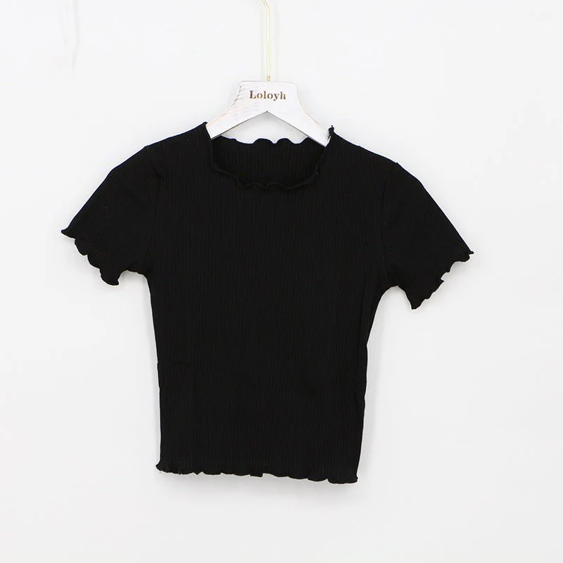 2025 Summer American Style Fashion Retro Ruffle Edge Slim Short Sleeve T-shirt FD - Image 7