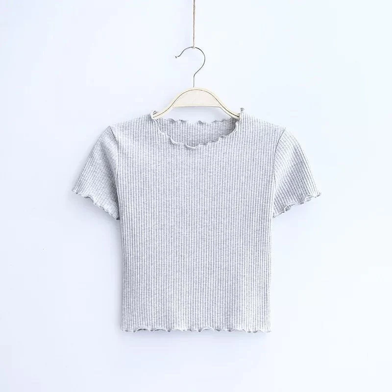 2025 Summer American Style Fashion Retro Ruffle Edge Slim Short Sleeve T-shirt FD - Image 8