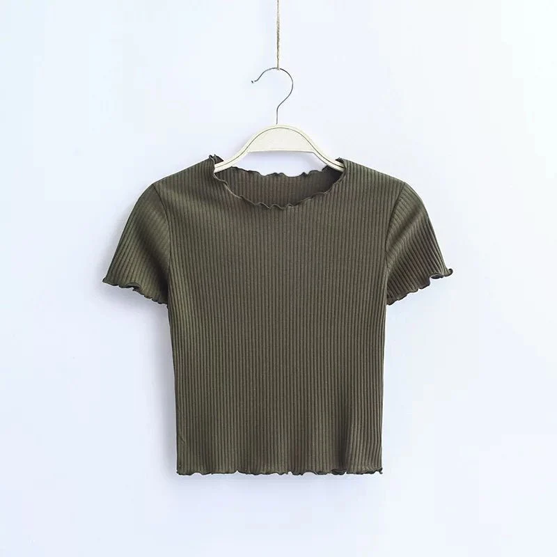 2025 Summer American Style Fashion Retro Ruffle Edge Slim Short Sleeve T-shirt FD - Image 9