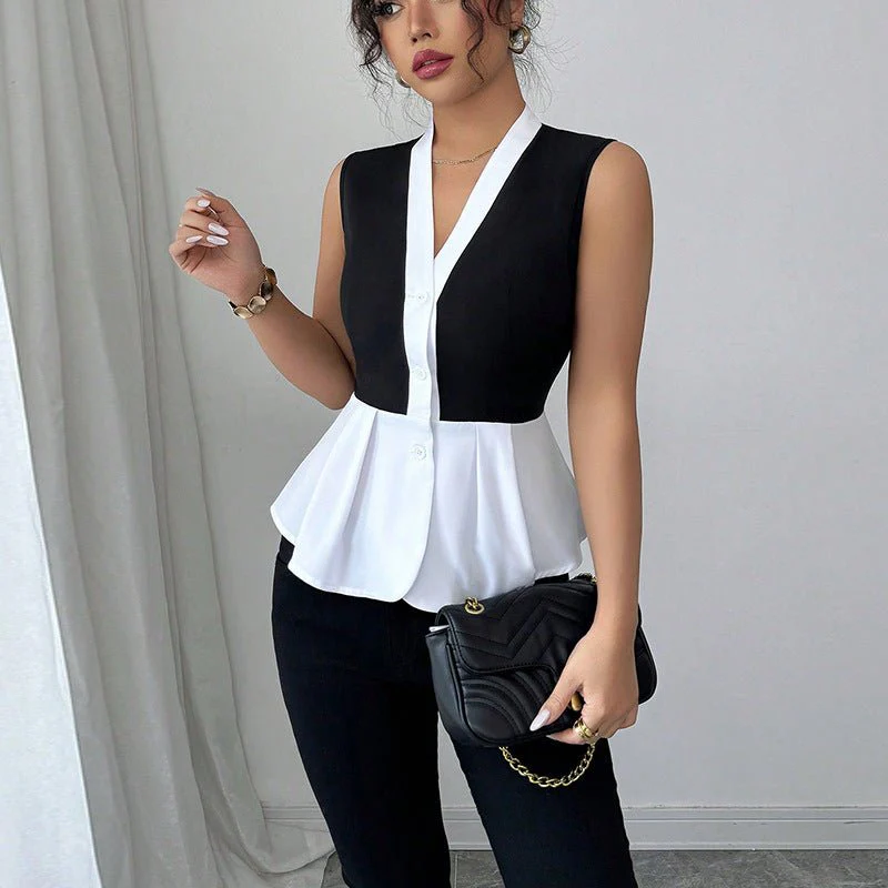 2025 summer and commuter style fake two-piece shirt for women