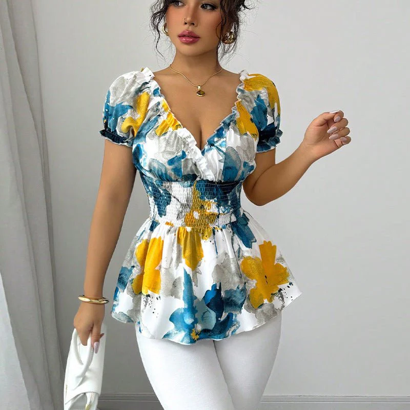 2025 Summer and Holiday Style Deep V Neck Shirt Tie-Dye Slim Pullover Top for Women