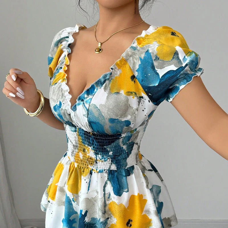 2025 Summer and Holiday Style Deep V Neck Shirt Tie-Dye Slim Pullover Top for Women - Image 2