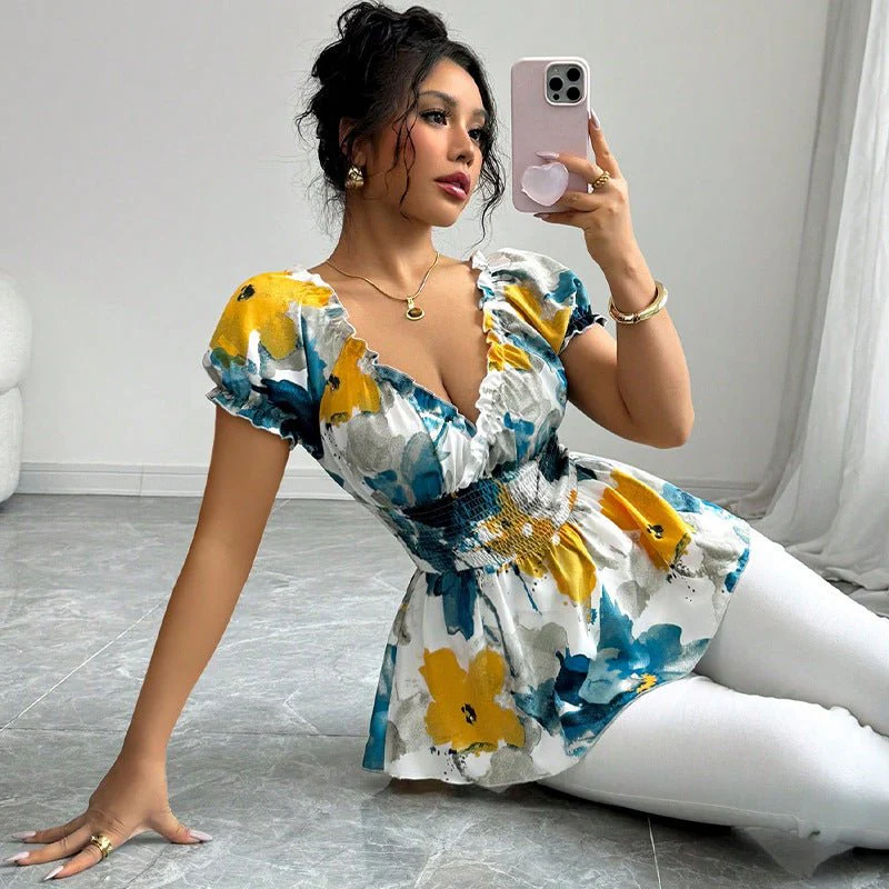 2025 Summer and Holiday Style Deep V Neck Shirt Tie-Dye Slim Pullover Top for Women - Image 6