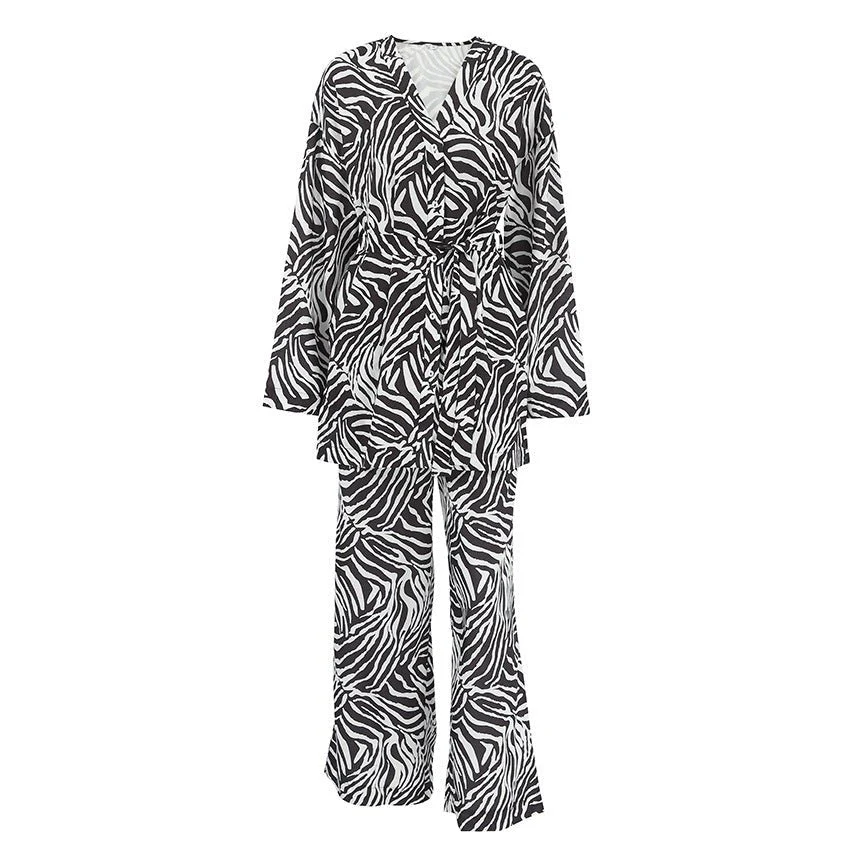 2025 Summer Cool Zebra Print Lace-up Long Sleeve Pants Two-piece Elastic Casual Loungewear FD - Image 14