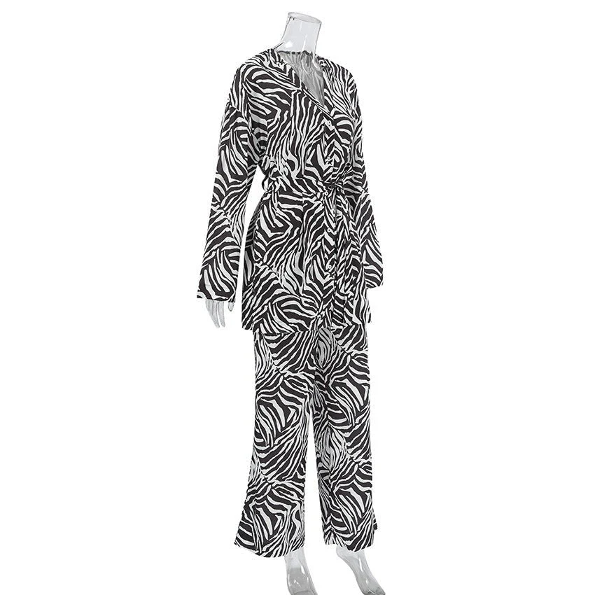 2025 Summer Cool Zebra Print Lace-up Long Sleeve Pants Two-piece Elastic Casual Loungewear FD - Image 16