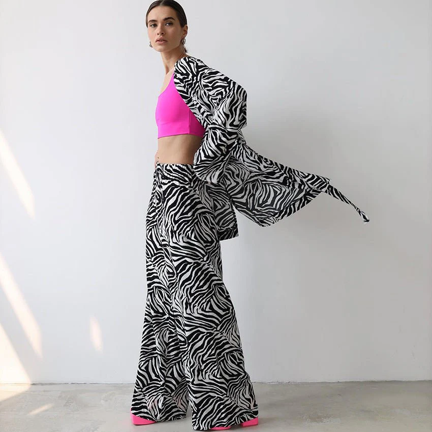 2025 Summer Cool Zebra Print Lace-up Long Sleeve Pants Two-piece Elastic Casual Loungewear FD - Image 31