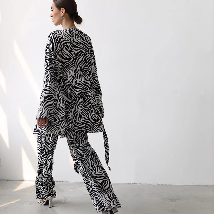 2025 Summer Cool Zebra Print Lace-up Long Sleeve Pants Two-piece Elastic Casual Loungewear FD - Image 4