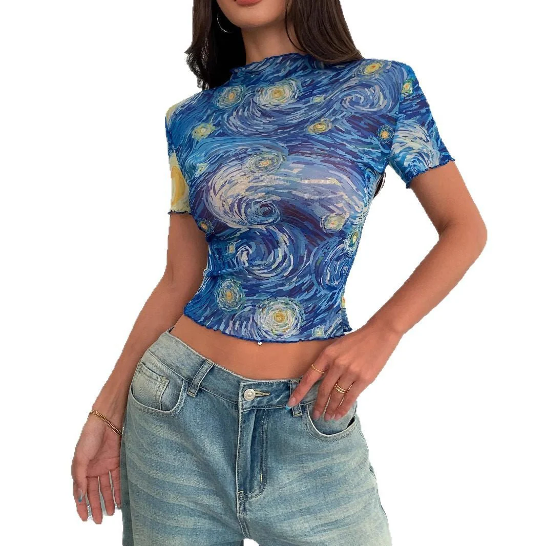 2025 summer new elegant women's blue printed short-sleeved semi-turtleneck starry sky mesh top women - Image 5