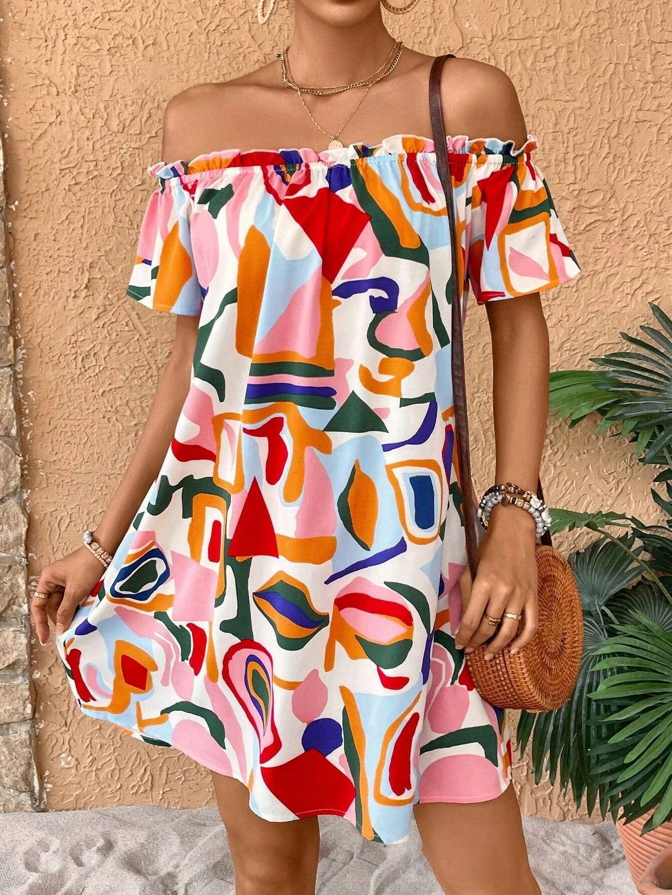 2025 summer new elegant women's tropical print off-the-shoulder dress - Image 6