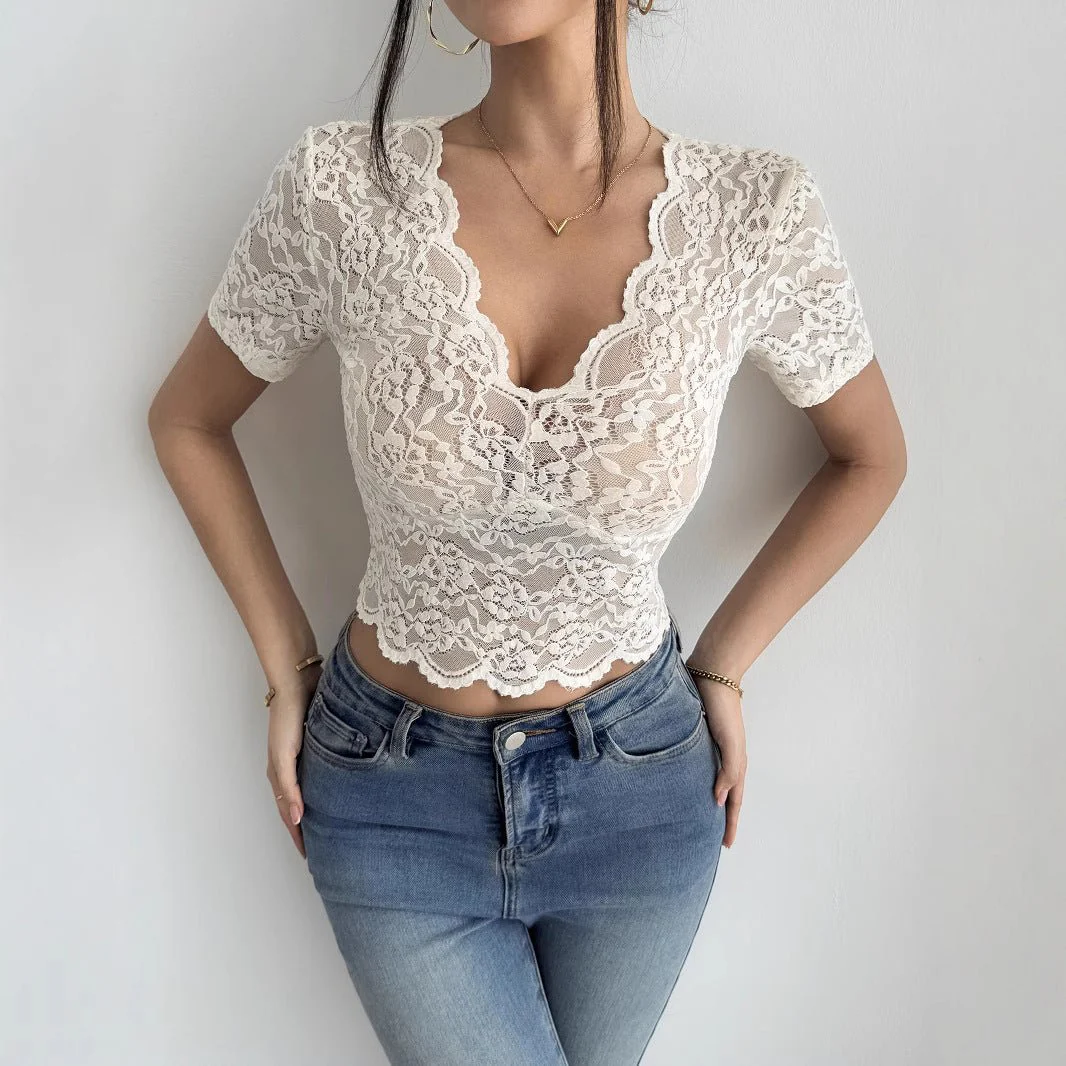 2025 summer new sexy lace V-neck T-shirt female slim and thin short Spice Girl top - Image 4