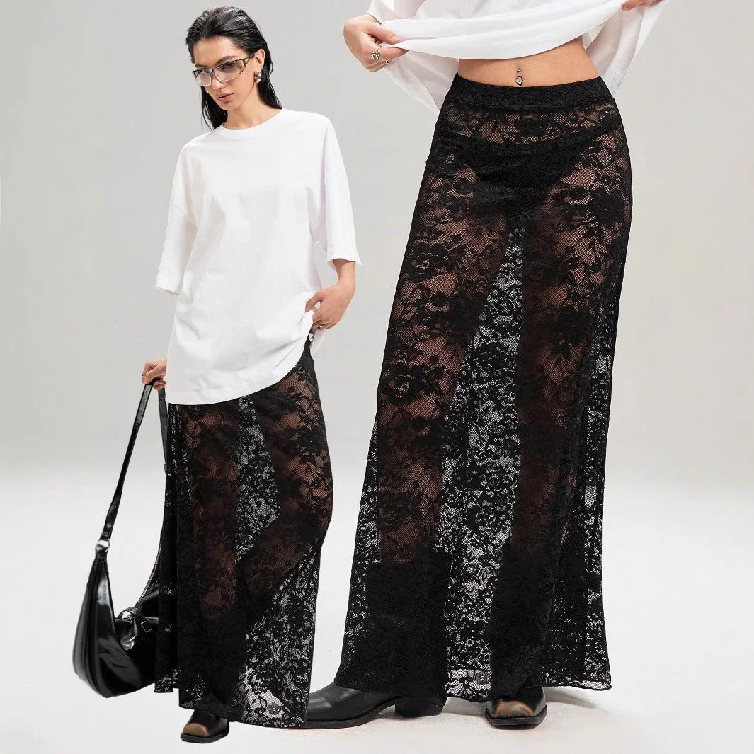 2025 summer new women's clothing solid color slim-fit hip-wrapped street fashion high-waisted lace skirt
