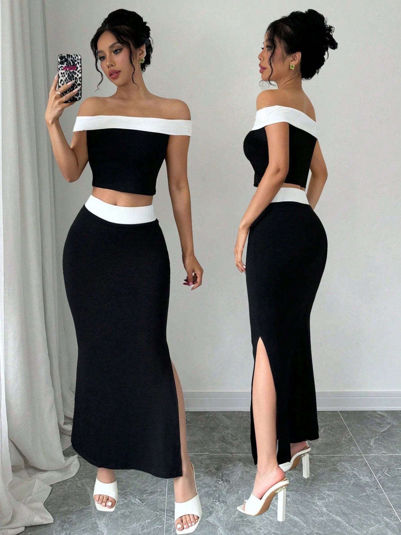 2pcs/Set Black And White Contrast Color Knit Elastic Top And Skirt Set, Off-Shoulder Top + Mini Skirt