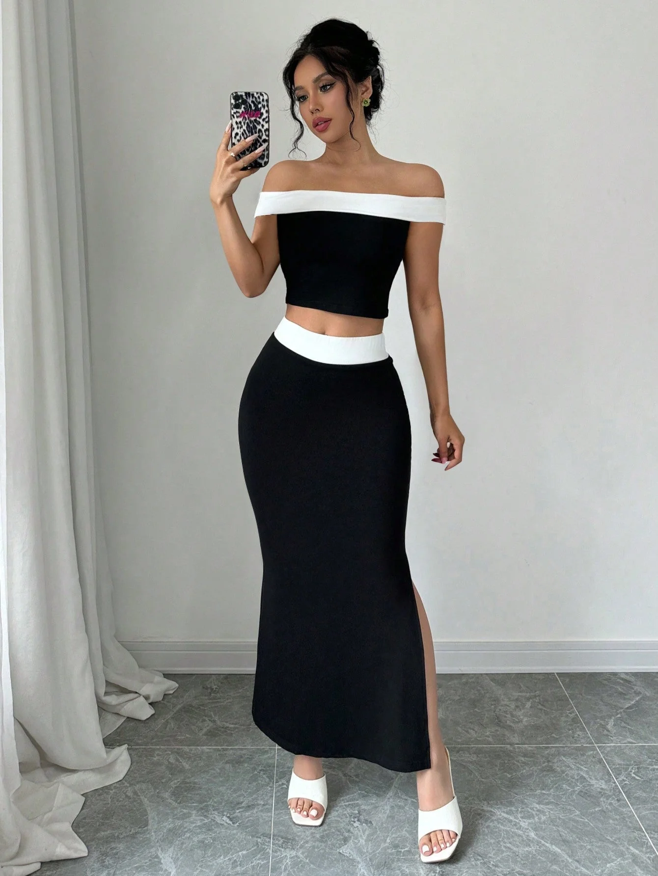 2pcs/Set Black And White Contrast Color Knit Elastic Top And Skirt Set, Off-Shoulder Top + Mini Skirt - Image 6