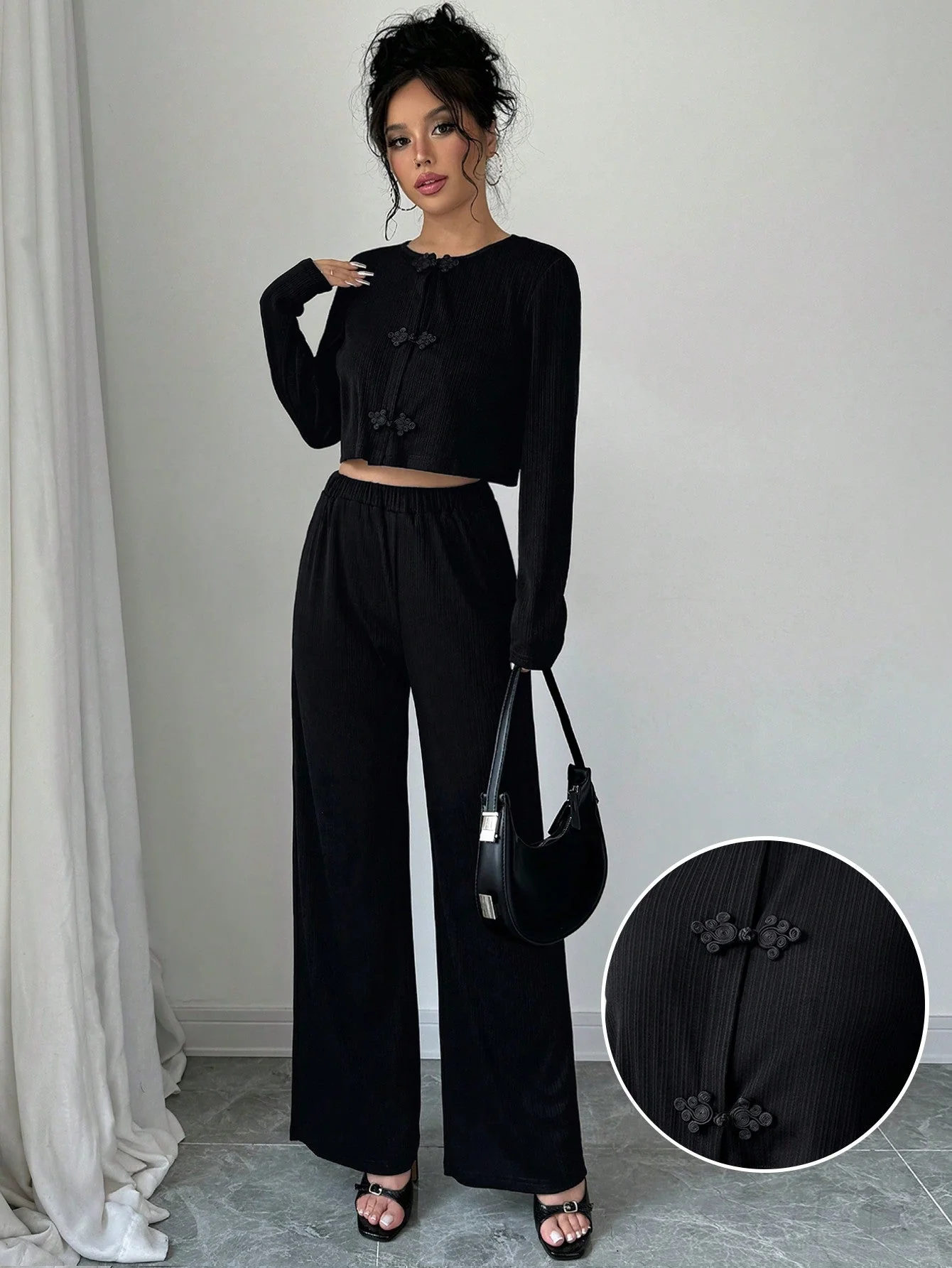 2pcs Set Casual Solid Color Button-Up Shirt And Stretch Waist Pants