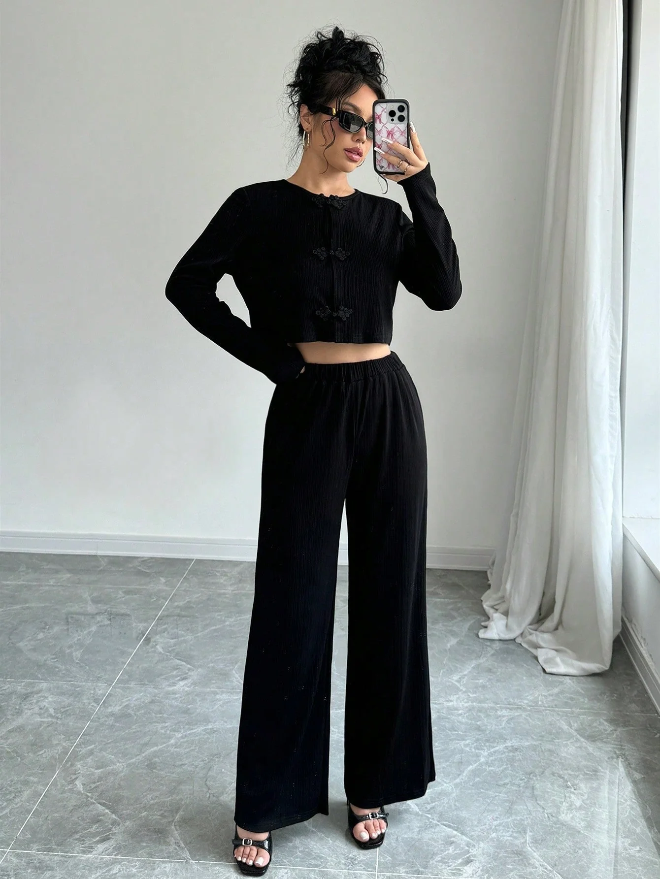 2pcs Set Casual Solid Color Button-Up Shirt And Stretch Waist Pants - Image 6