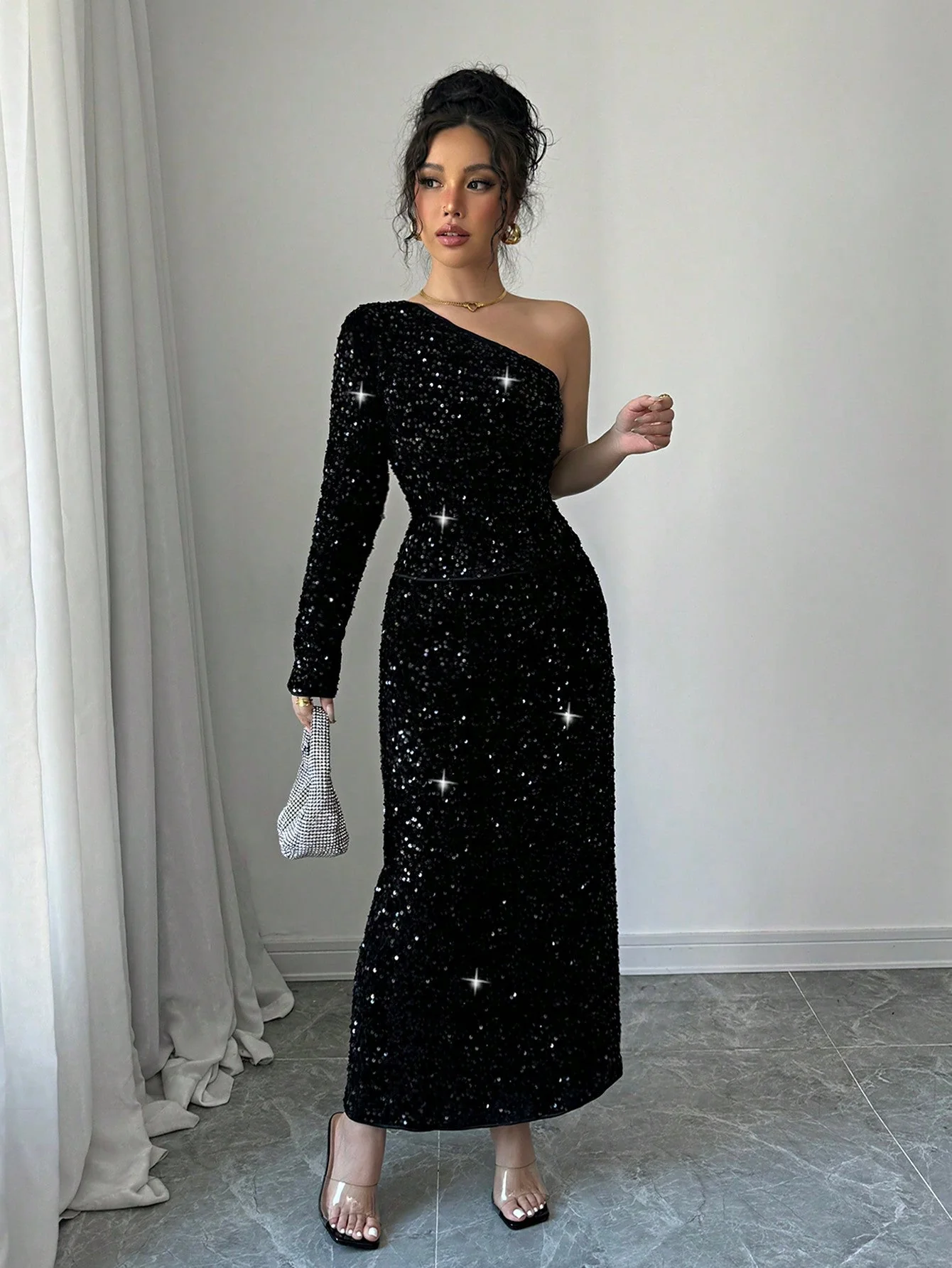 2pcs/Set Elegant Black Sequin Blouse & Straight Style Slim Fit Long Dress, Fashionable Women Outfit