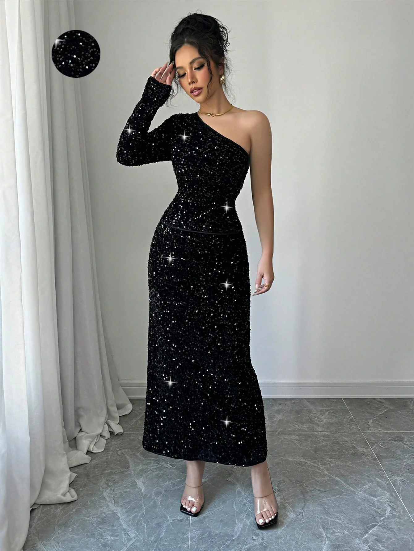 2pcs/Set Elegant Black Sequin Blouse & Straight Style Slim Fit Long Dress, Fashionable Women Outfit - Image 2