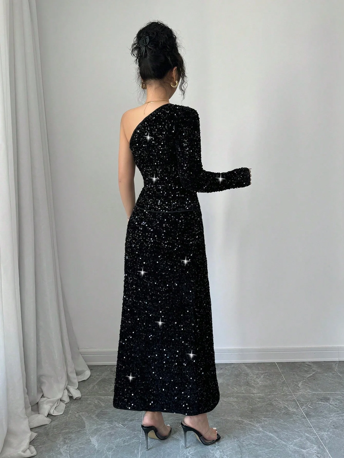 2pcs/Set Elegant Black Sequin Blouse & Straight Style Slim Fit Long Dress, Fashionable Women Outfit - Image 3