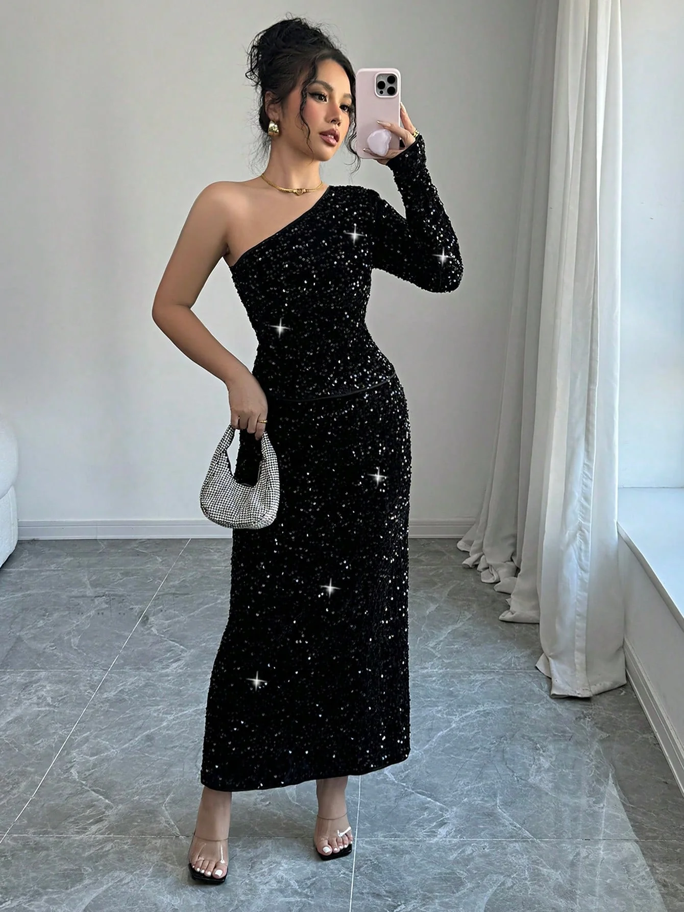 2pcs/Set Elegant Black Sequin Blouse & Straight Style Slim Fit Long Dress, Fashionable Women Outfit - Image 5