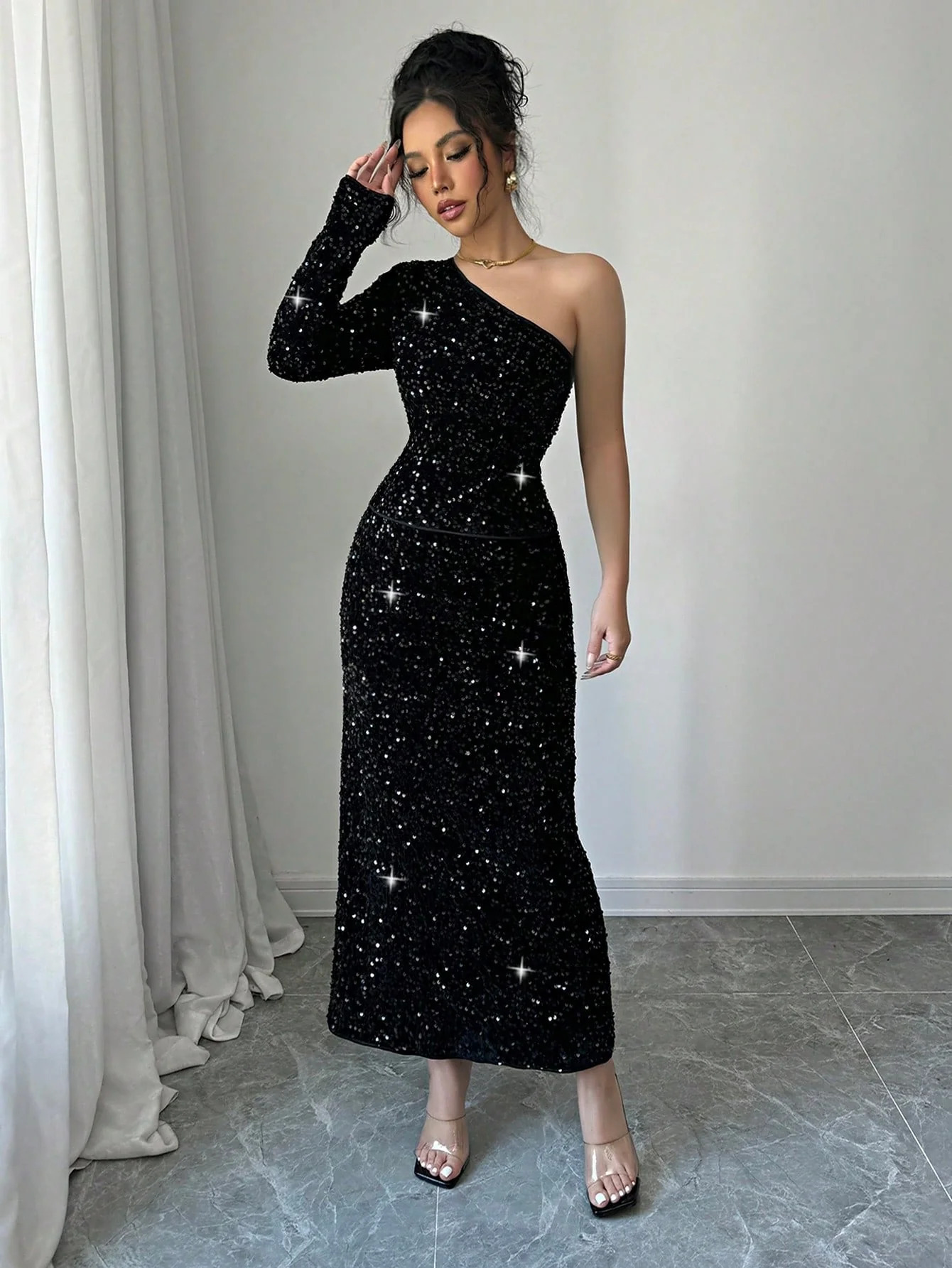 2pcs/Set Elegant Black Sequin Blouse & Straight Style Slim Fit Long Dress, Fashionable Women Outfit - Image 6