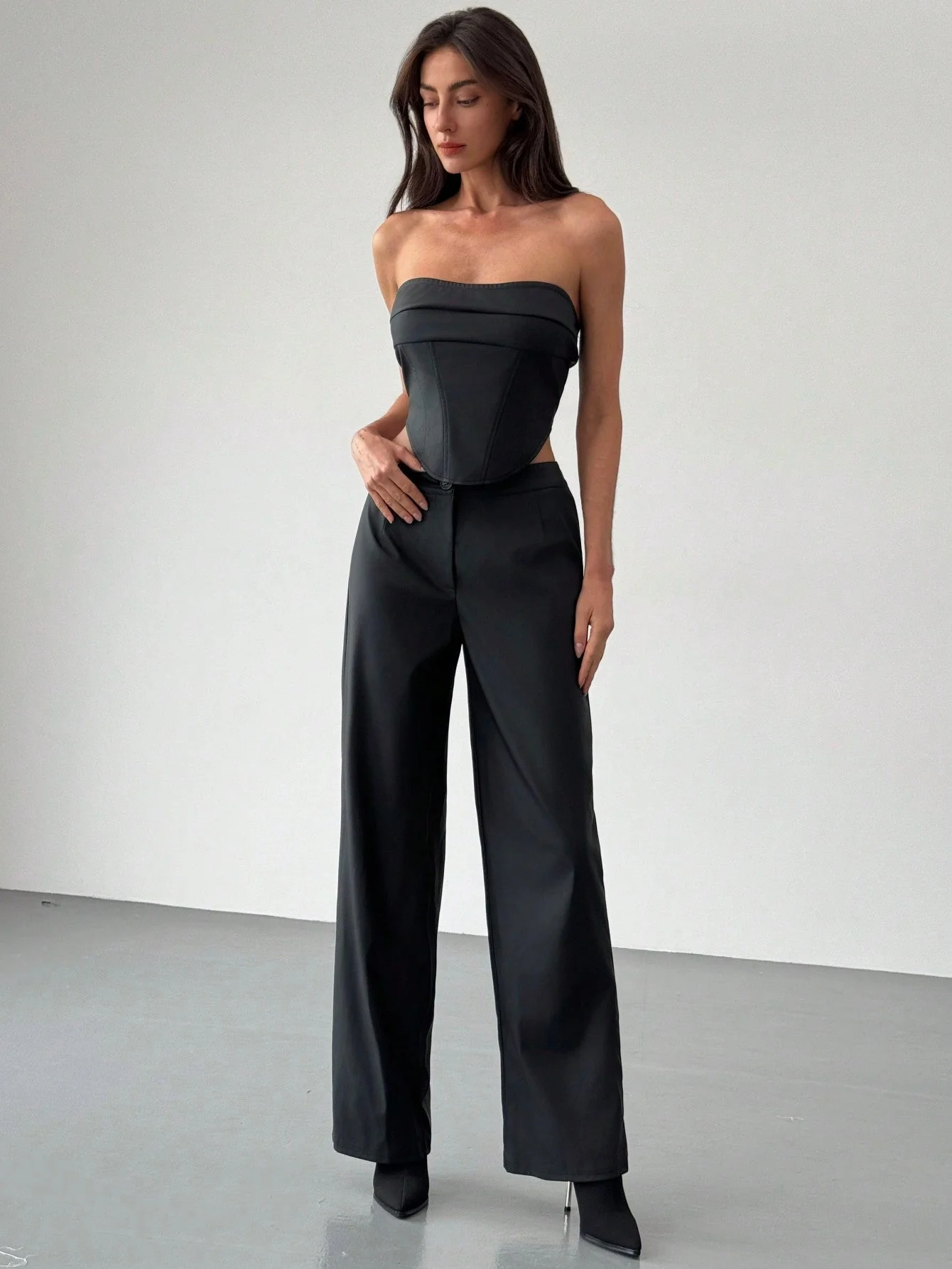 2pcs Set: Fashionable Off-Shoulder Corset-Style Top With Criss-Cross Back Strap And High-Waist Straight Leg Pants For Women - Image 3