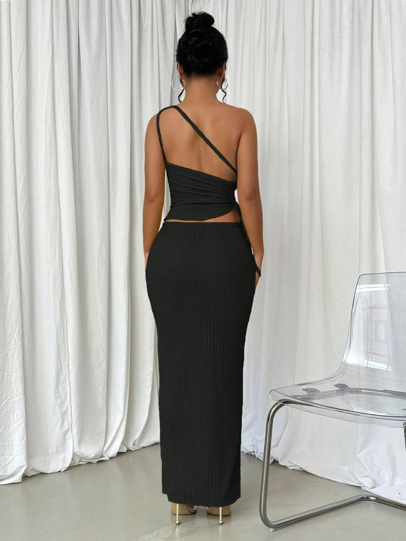 2pcs/Set One Shoulder Cutout Drawstring Top And Skirt - Image 5