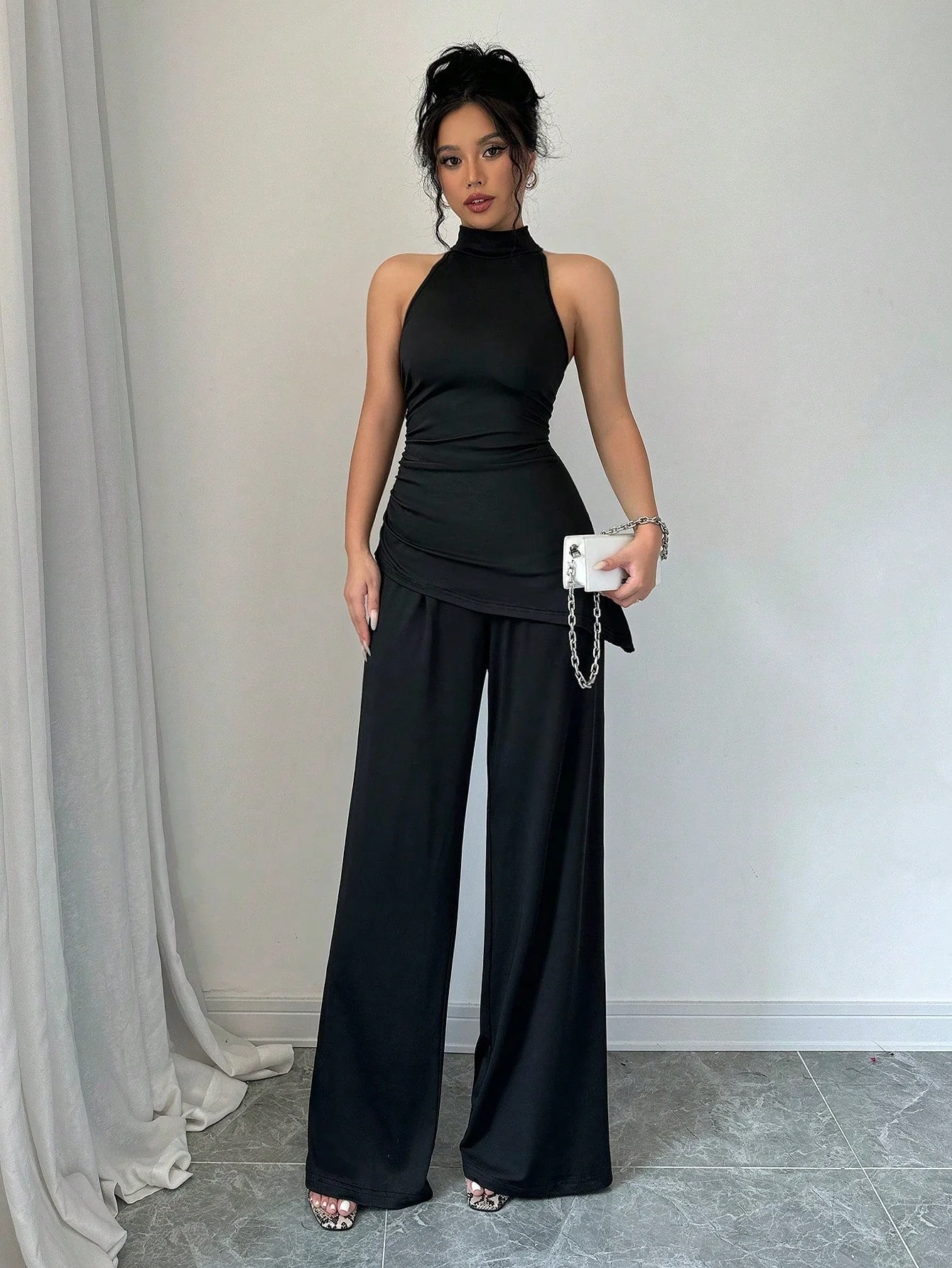 2pcs Set Solid Color Asymmetric Hem Sleeveless Top And Straight Leg Pants