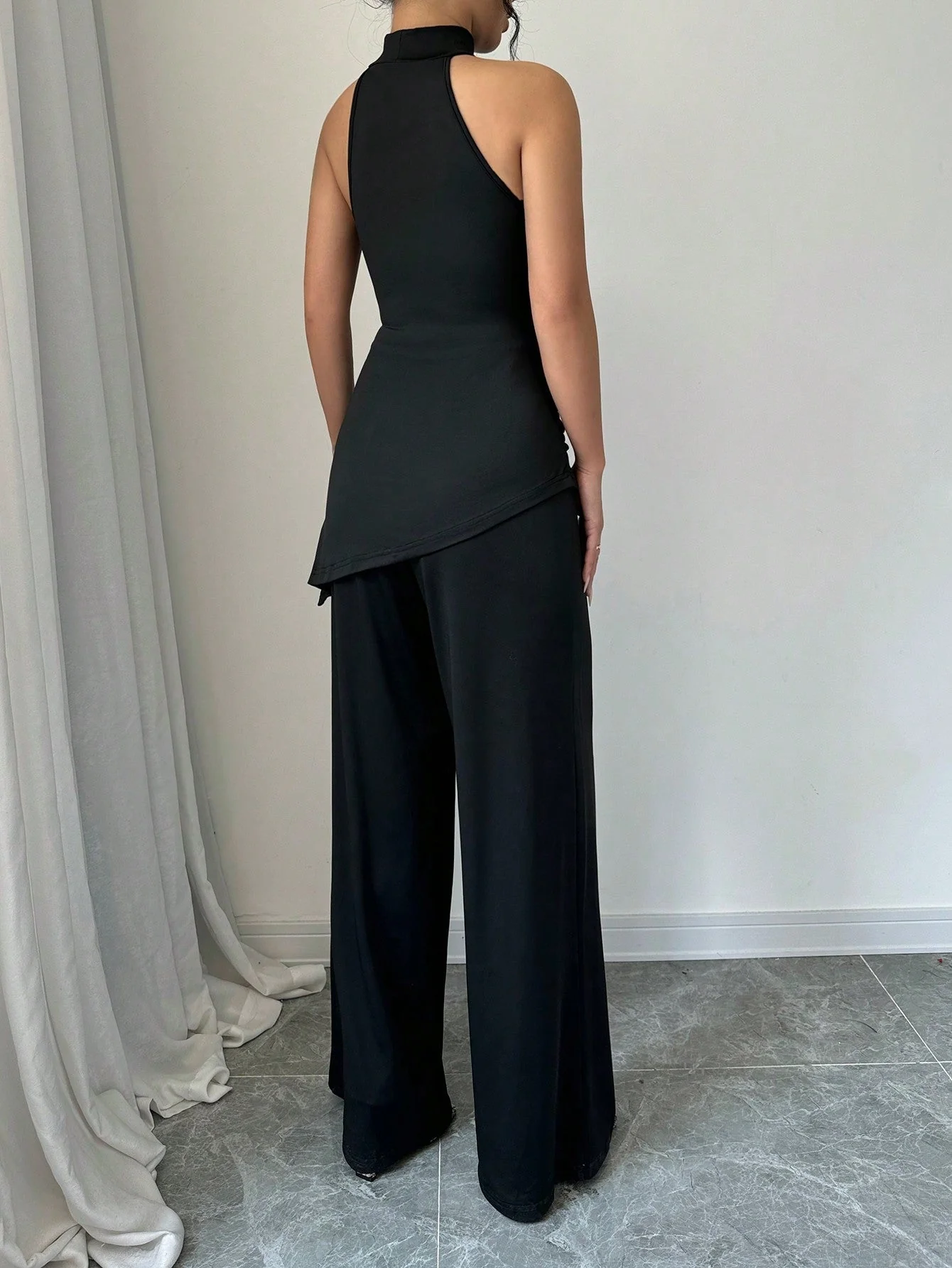2pcs Set Solid Color Asymmetric Hem Sleeveless Top And Straight Leg Pants - Image 2