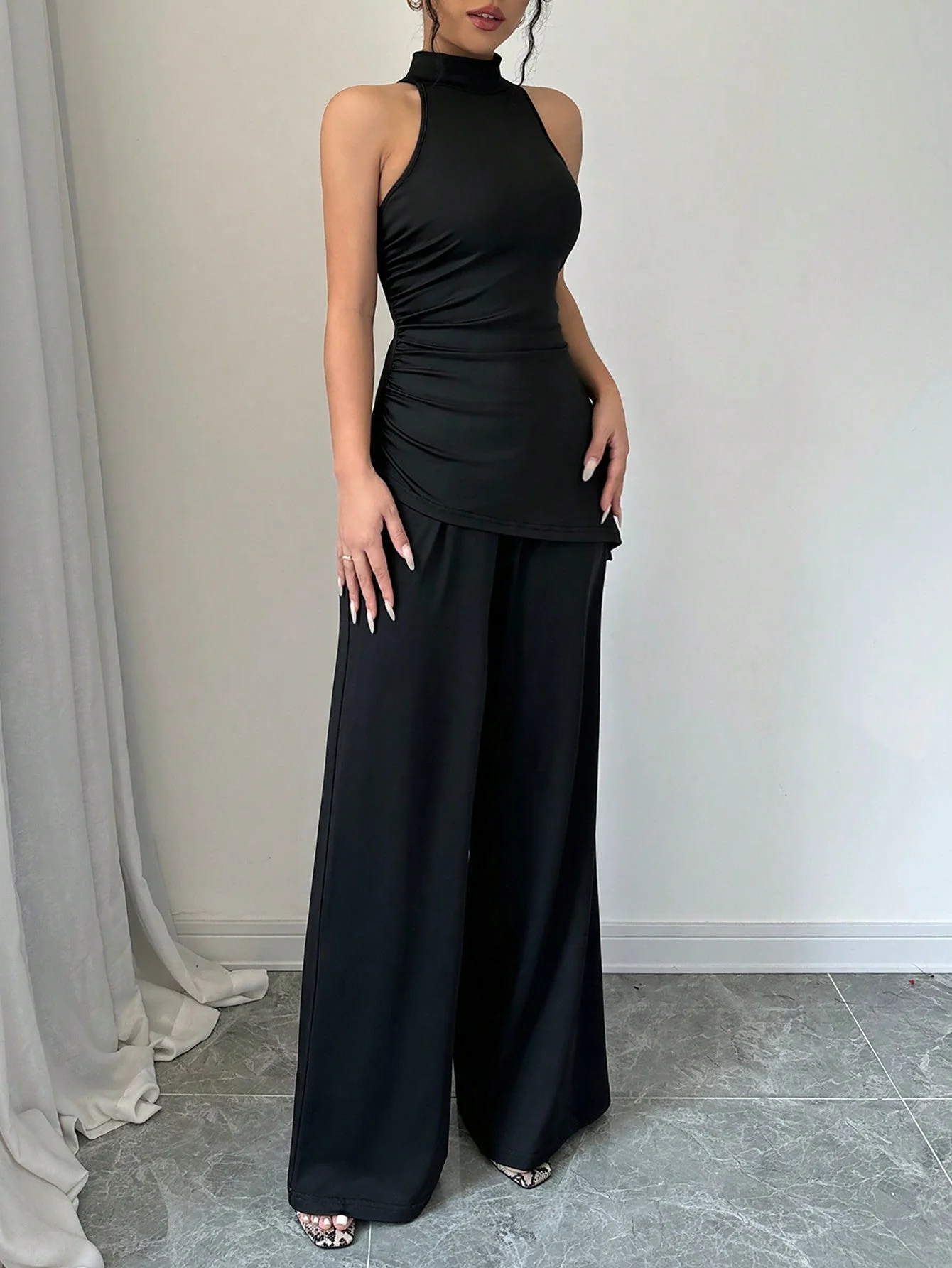 2pcs Set Solid Color Asymmetric Hem Sleeveless Top And Straight Leg Pants - Image 3