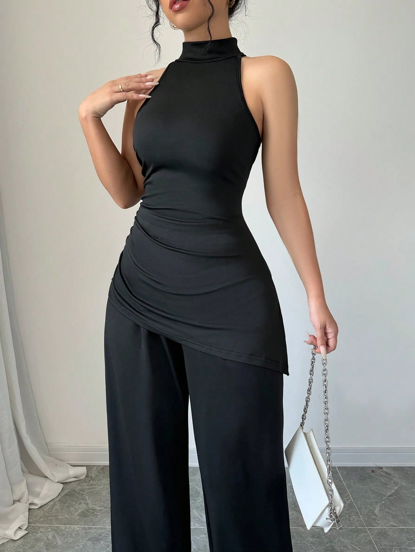 2pcs Set Solid Color Asymmetric Hem Sleeveless Top And Straight Leg Pants - Image 4